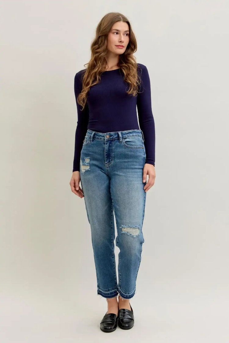 Judy Blue Mid Rise Boyfriend Patch & Repair Destroy Release Hem Jeans 881045 - Sleekdenim.com