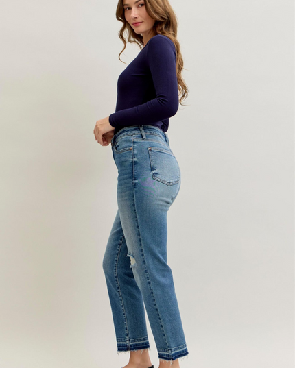 Judy Blue Mid Rise Boyfriend Patch & Repair Destroy Release Hem Jeans 881045