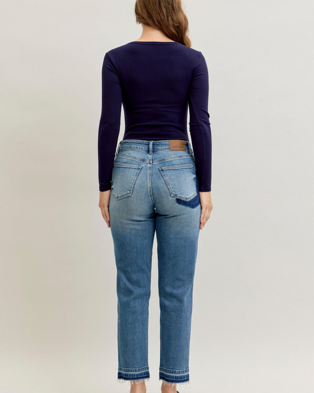 Judy Blue Mid Rise Boyfriend Patch & Repair Destroy Release Hem Jeans 881045