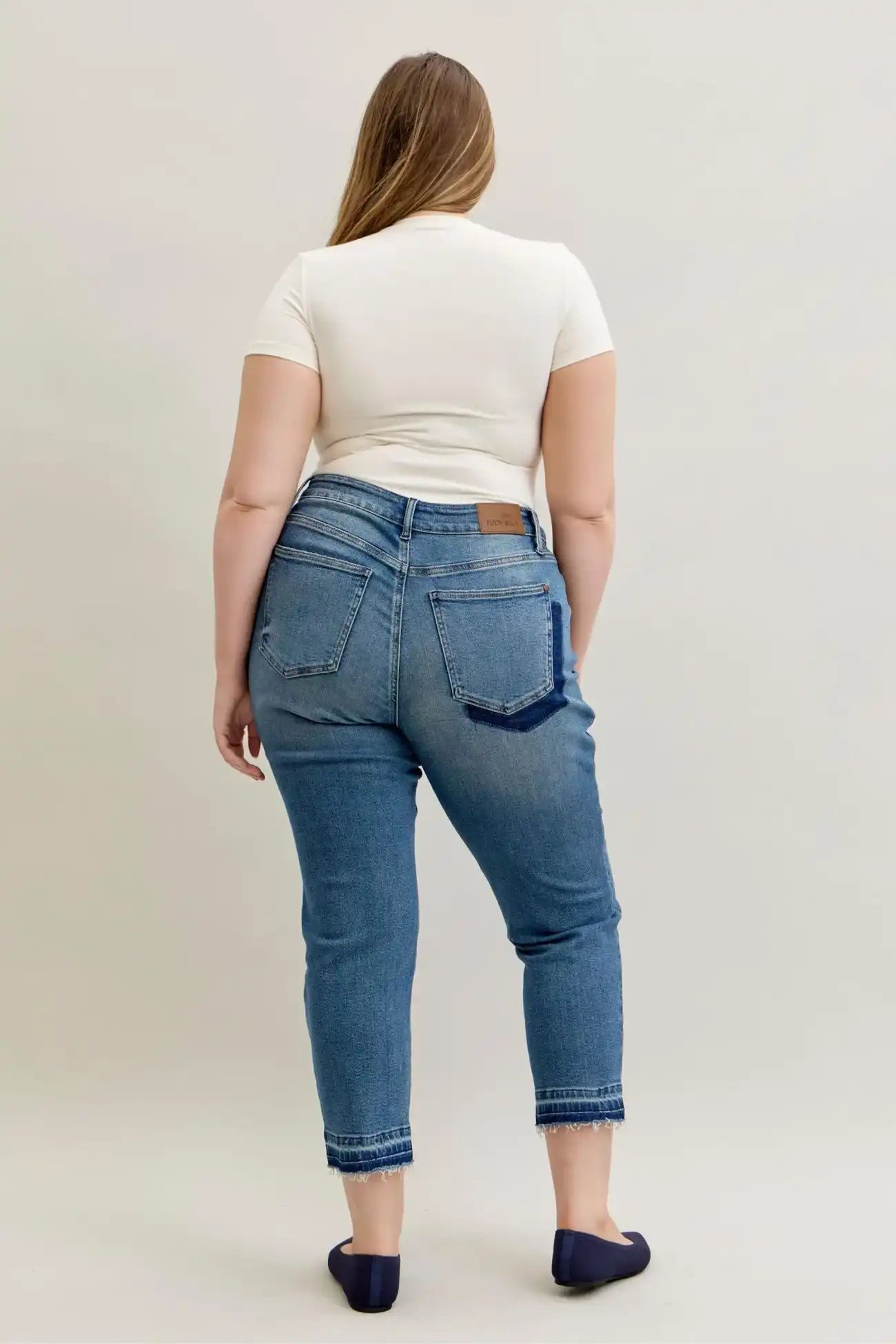 Judy Blue Mid Rise Boyfriend Patch & Repair Destroy Release Hem Jeans 881045 - Sleekdenim.com