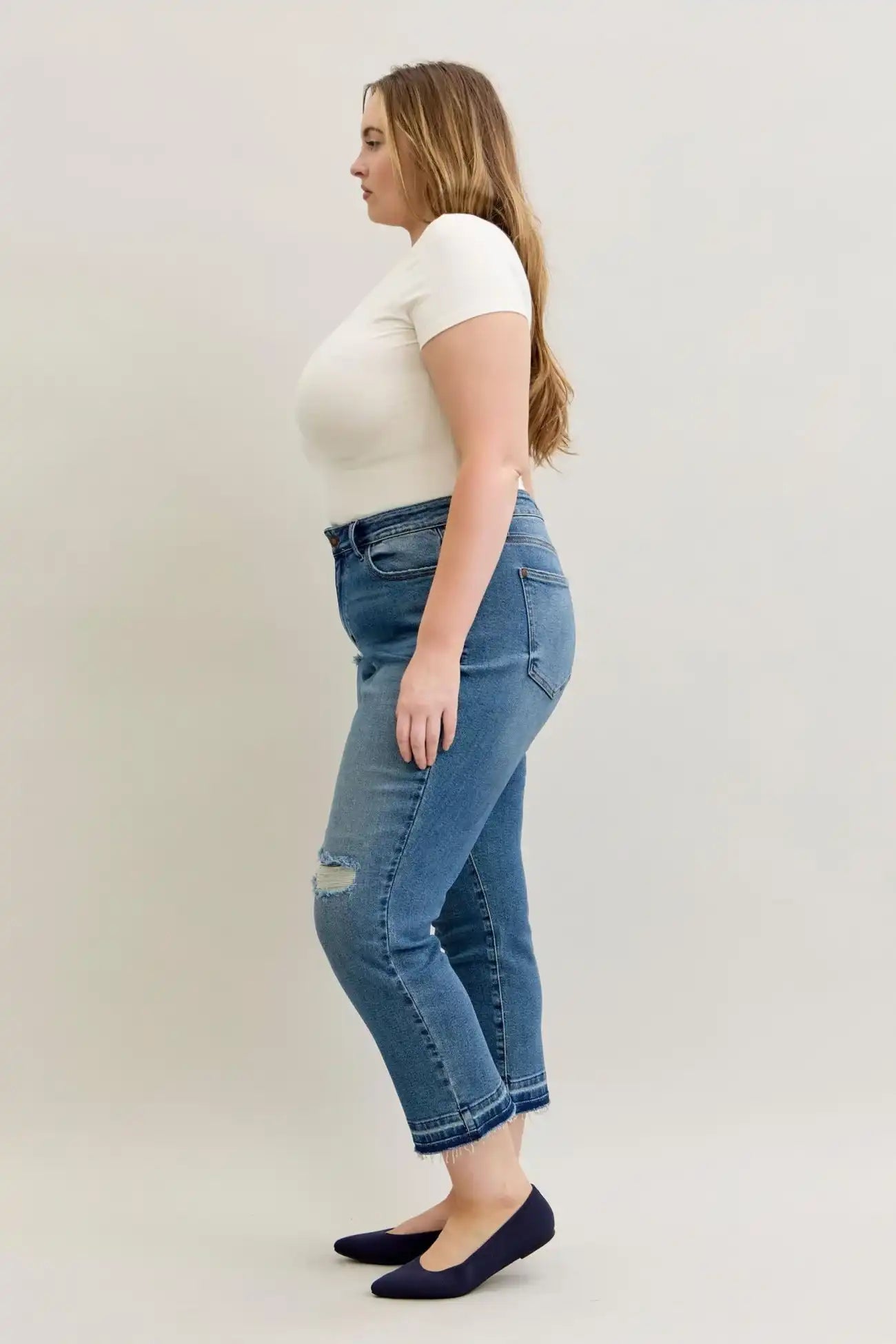 Judy Blue Mid Rise Boyfriend Patch & Repair Destroy Release Hem Jeans 881045 - Sleekdenim.com