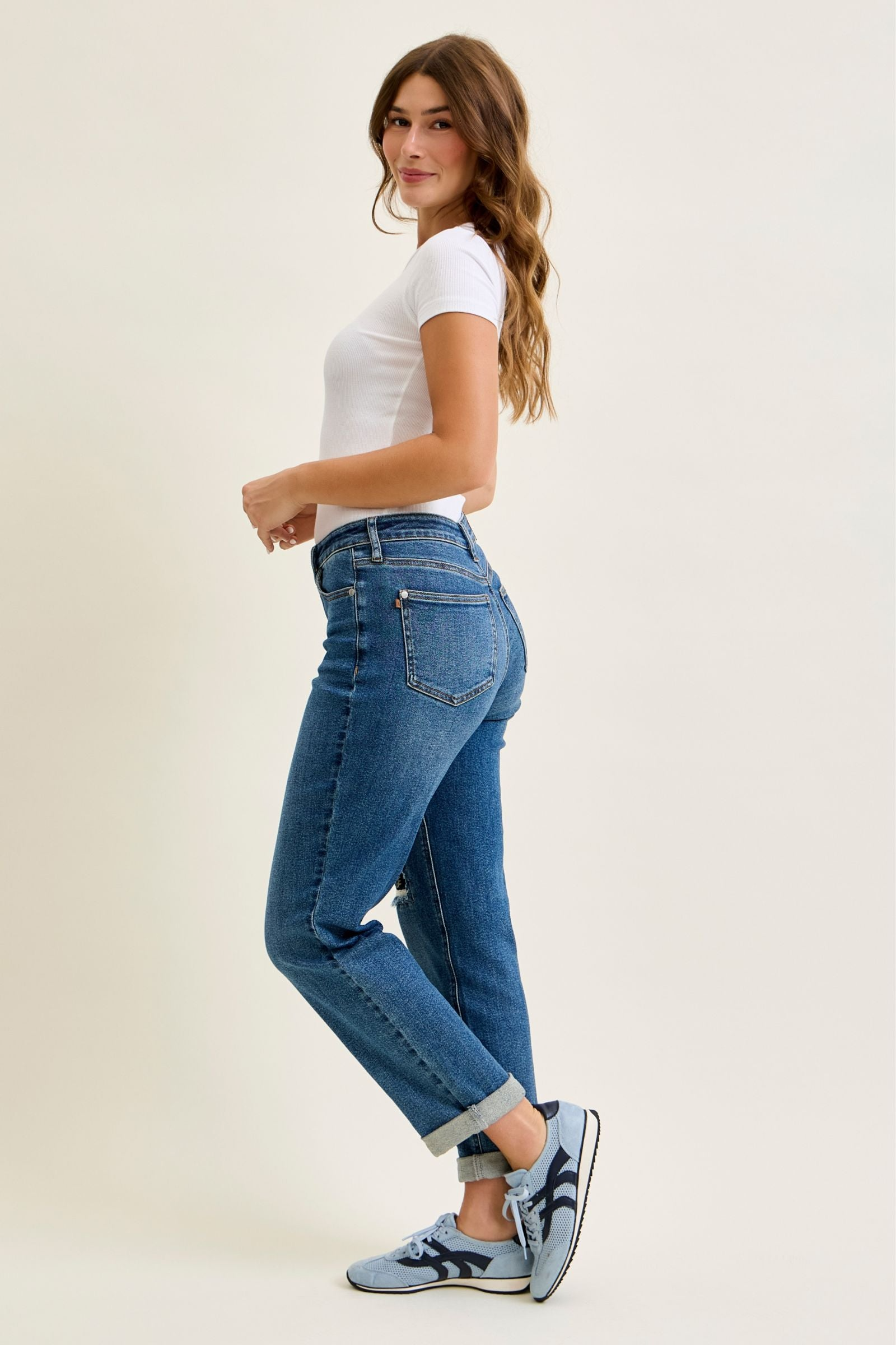 Judy Blue Mid Rise Boyfriend Embroidered Repair Patch Jeans 881071