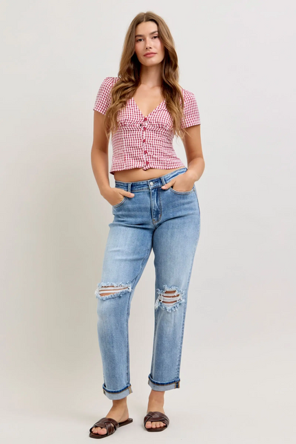 Judy Blue Mid Rise Light Wash Destroyed and Cuffed Boyfriend 82688 - PREORDER - Main View