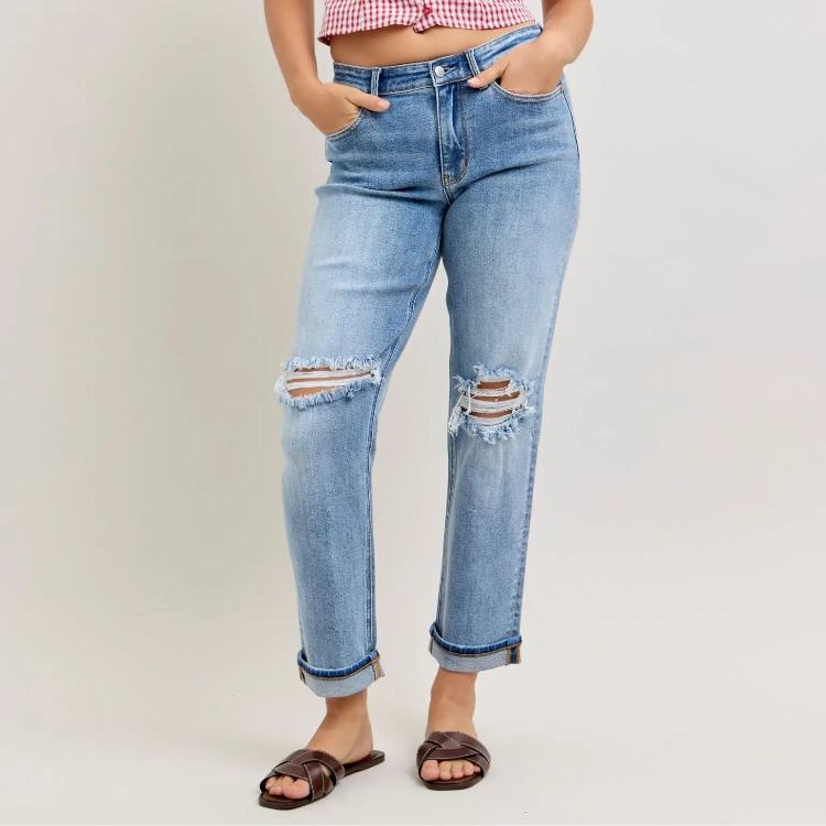 Judy Blue Mid Rise Light Wash Destroyed and Cuffed Boyfriend Jeans 826888