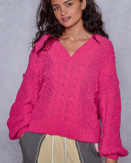 POL Cable-Knit Solid V-Neck Cropped Sweater - Sleekdenim.com