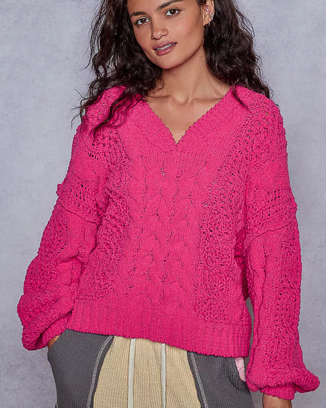 POL Cable-Knit Solid V-Neck Cropped Sweater - Sleekdenim.com