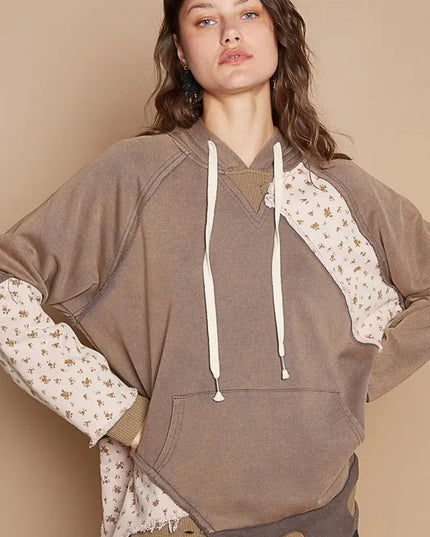 POL Floral Patchwork Distressed Drawstring Hoodie - Sleekdenim.com