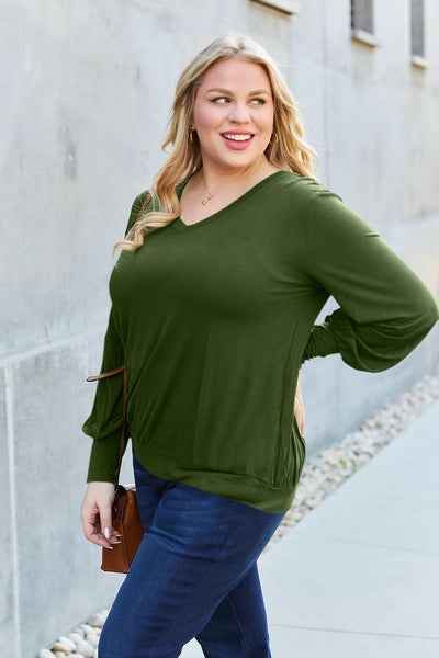 Basic Bae Full Size V-Neck Lantern Sleeve Top Army Green