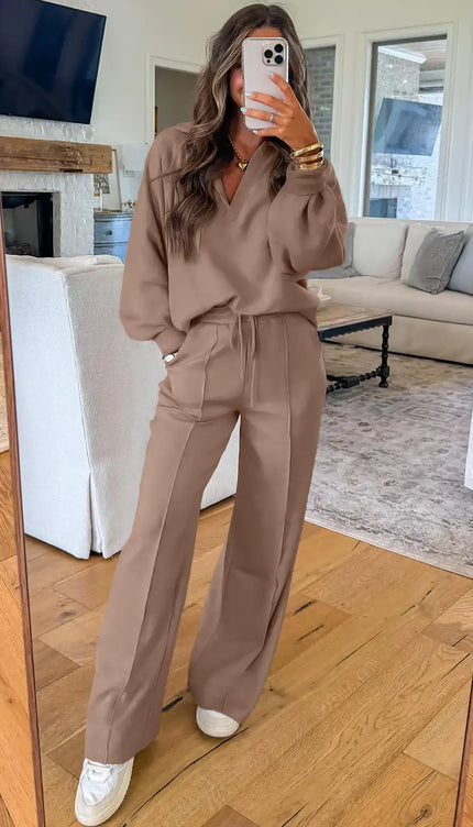 Polo Collar V Neck Pullover and Drawstring Sweatpants Set - Sleekdenim.com