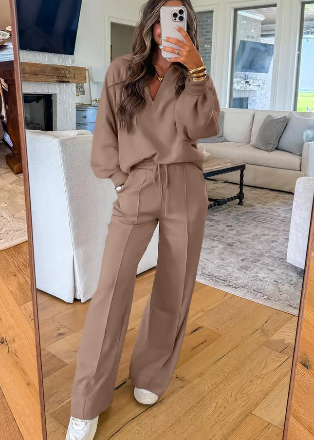 Polo Collar V Neck Pullover and Drawstring Sweatpants Set - Sleekdenim.com