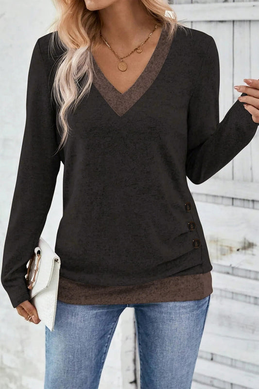 Chicory Coffee Color Block Trim V Neck Button Decor Long Sleeve Top - Sleekdenim.com
