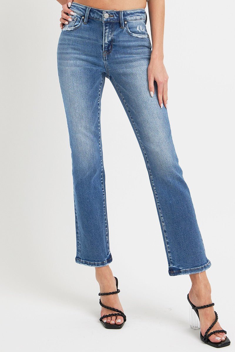 RISEN Full Size Mid Rise Ankle Straight Jeans with Pockets.