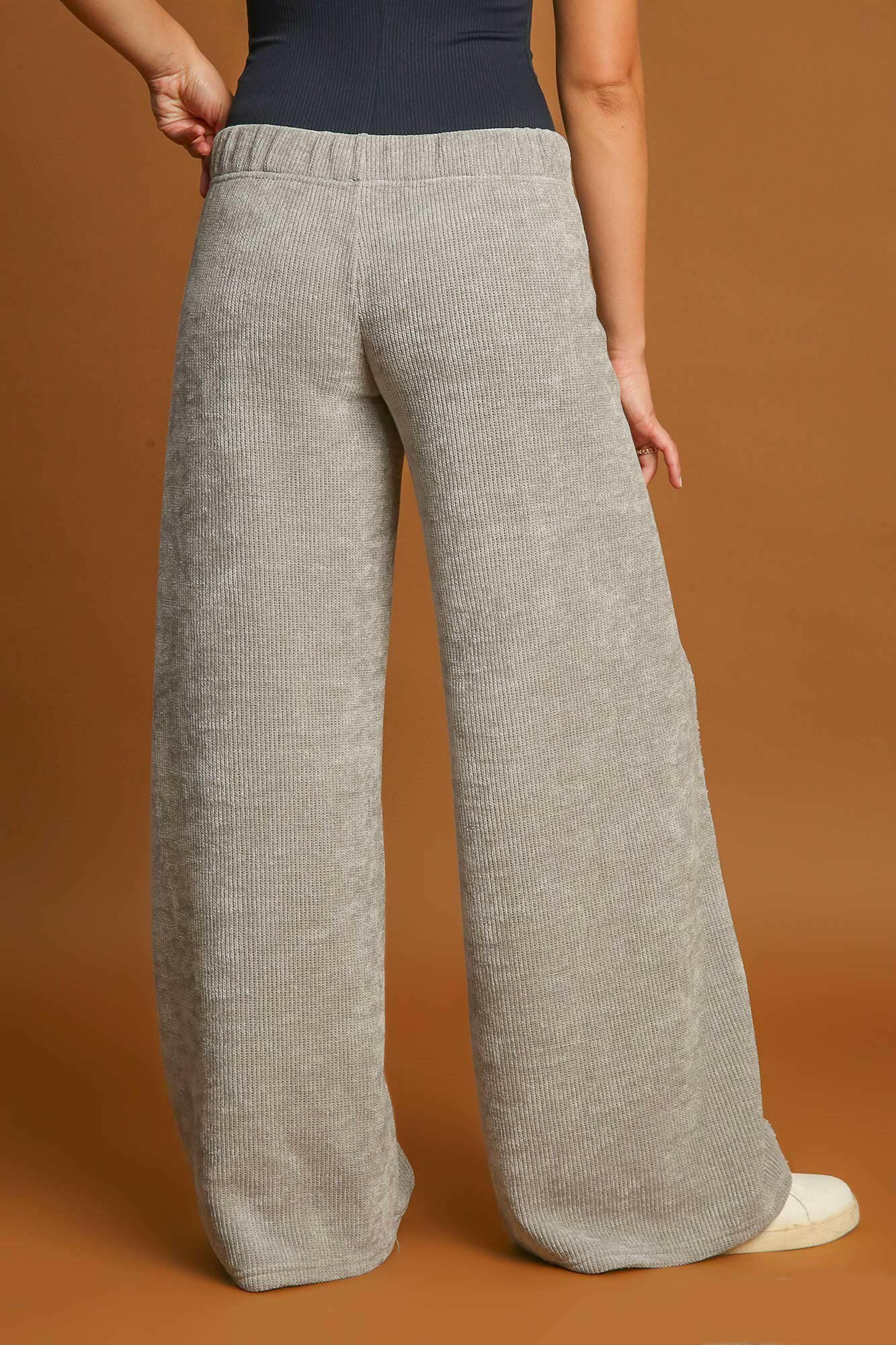 Umgee Elastic Waist Wide Leg Pants Light Gray