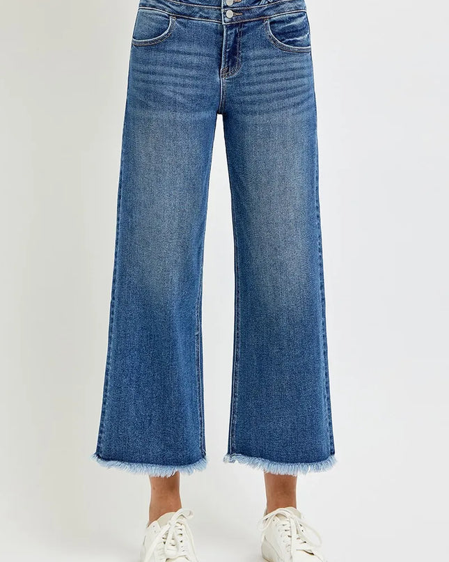 Risen High Rise Cropped Wide Leg Jeans with Wide Band Detail and Frayed Hem