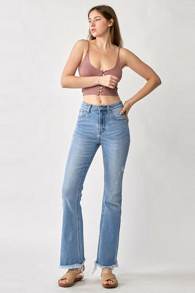 RISEN High Rise Frayed Hem Bootcut Jeans.