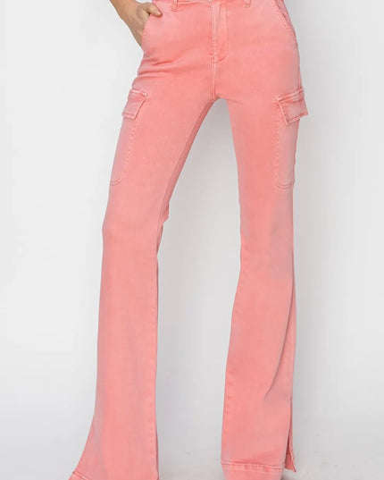 RISEN Full Size High Rise Side Slit Cargo Bootcut Jeans - Sleekdenim.com