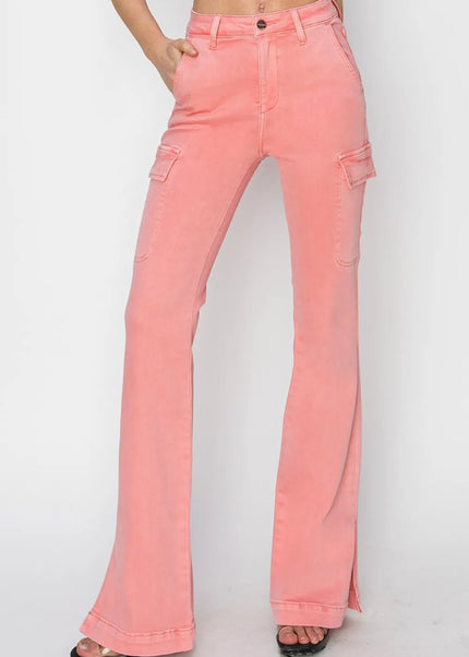 RISEN Full Size High Rise Side Slit Cargo Bootcut Jeans - Sleekdenim.com