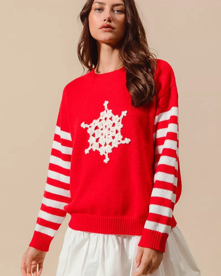 SO ME Christmas Snowflake Crochet Embellished Sweater - Sleekdenim.com