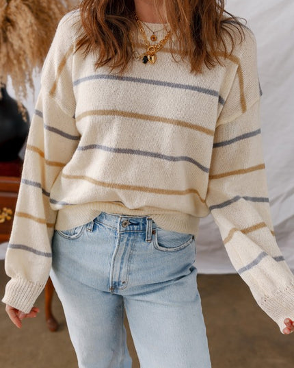 Stripe Ribbed Trim Drop Shoulder Sweater - Sleekdenim.com