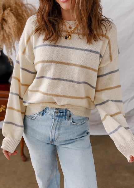 Stripe Ribbed Trim Drop Shoulder Sweater - Sleekdenim.com