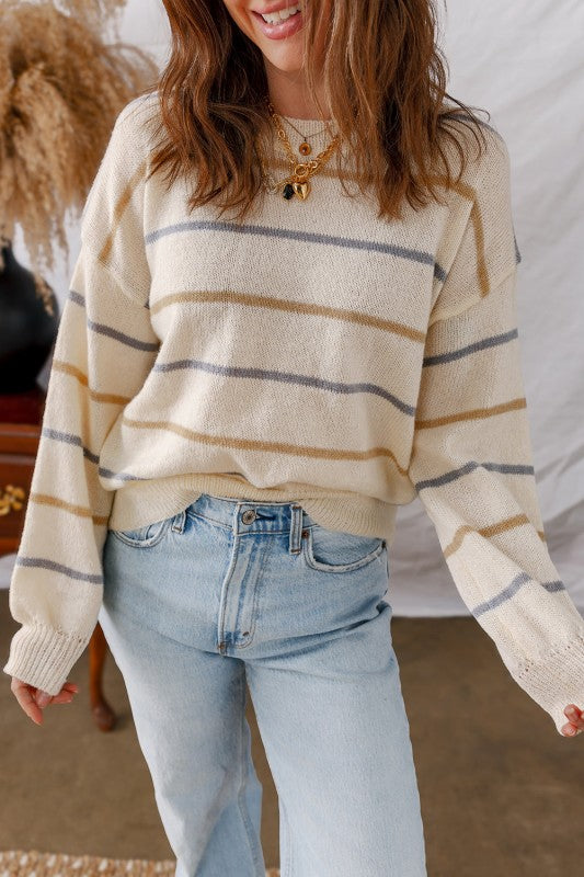 Stripe Ribbed Trim Drop Shoulder Sweater - Sleekdenim.com