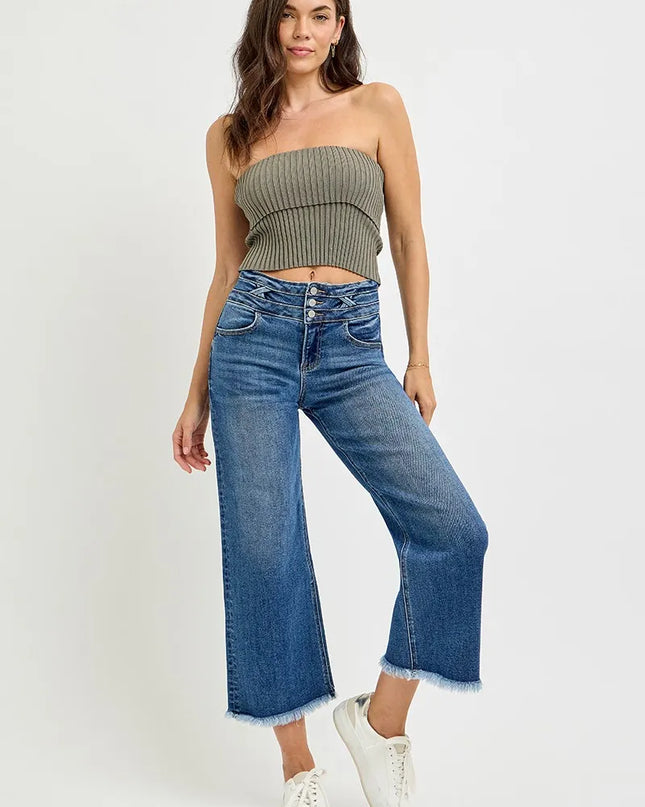 Risen High Rise Cropped Wide Leg Jeans with Wide Band Detail and Frayed Hem