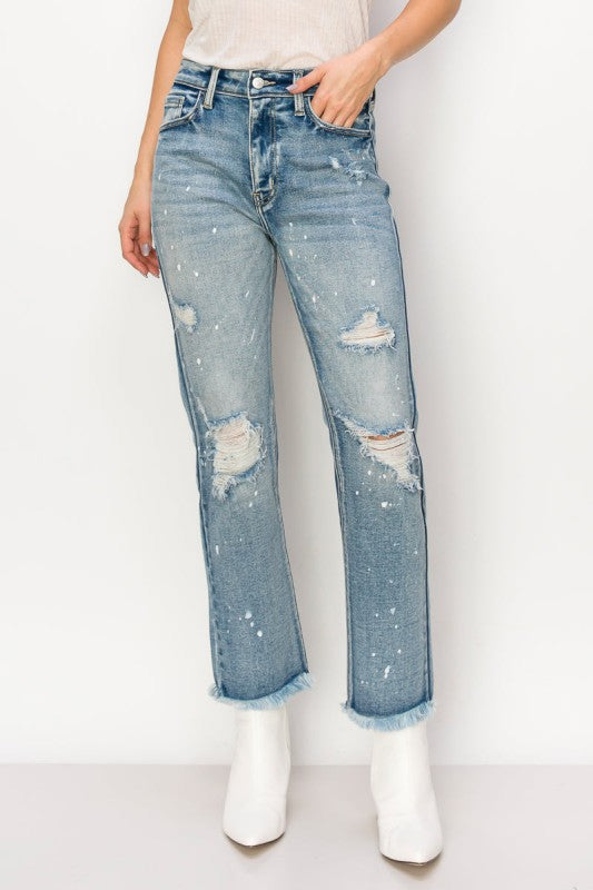 AT1050STM High Rise Distressed Straight Jeans - Sleekdenim.com