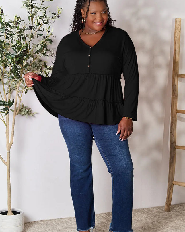 Double Take Half Button Long Sleeve Ruffle Hem Blouse - Sleekdenim.com