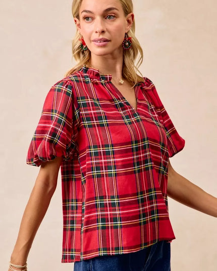 BiBi Christmas Plaid Short Sleeves Ruffled Blouse - Sleekdenim.com