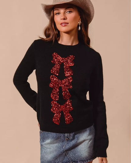 SO ME Sequins Bow Ribbon Embellished Christmas Sweater - Sleekdenim.com