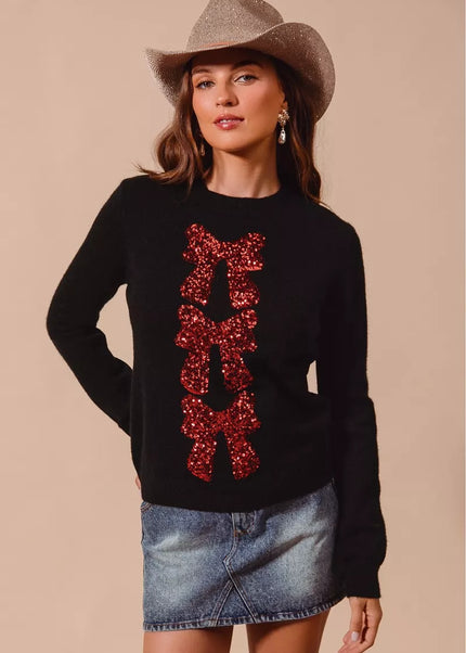 SO ME Sequins Bow Ribbon Embellished Christmas Sweater - Sleekdenim.com
