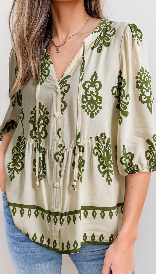 Apricot Floral Print Tie V Neck Button Down Puffy Half Sleeve Shirt - Sleekdenim.com