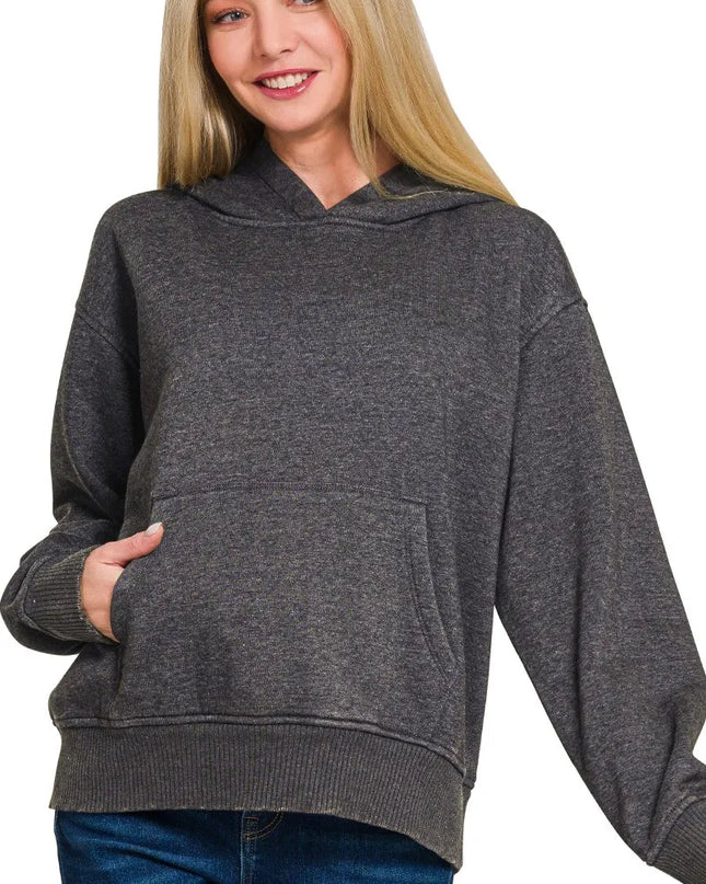 Zenana Fleece Acid Wash Kangaroo Pocket Hoodie - Sleekdenim.com