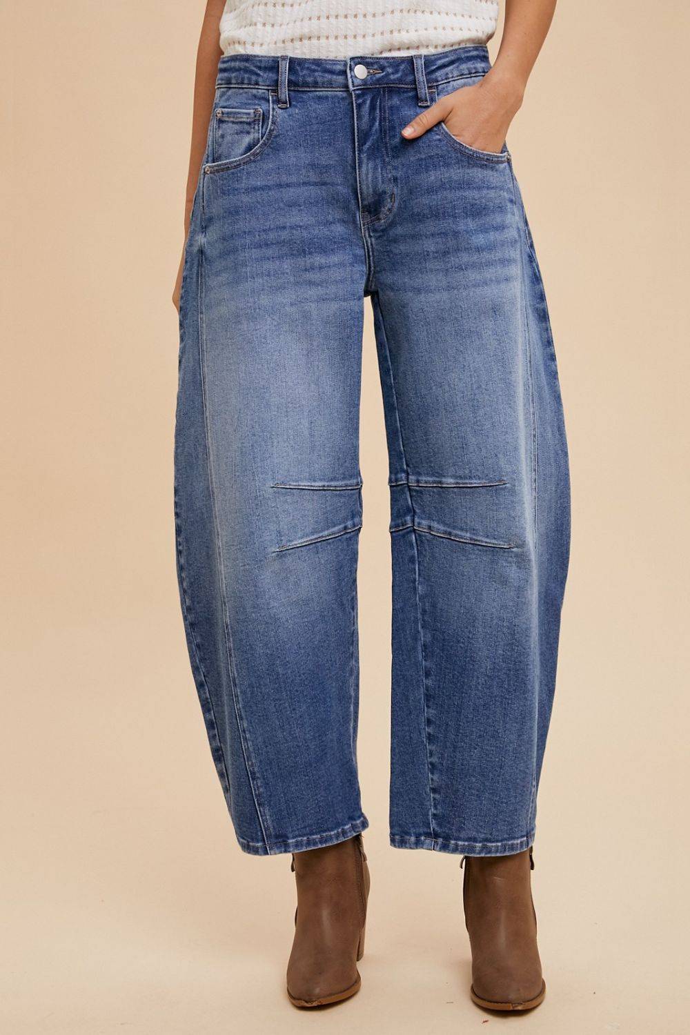 Annie Wear Mid Rise Barrel Leg Jeans with Pockets | Sleekdenim.com