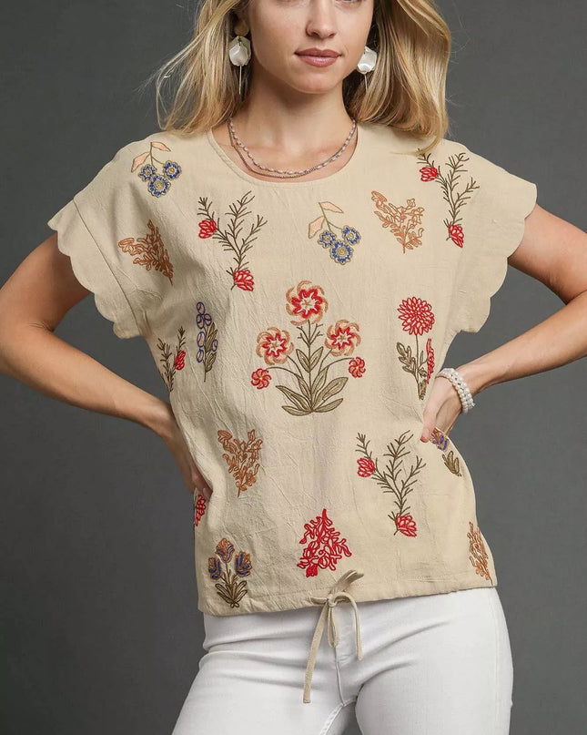 Umgee Embroidered Scallop Sleeve Top with Drawstring Hem - Sleekdenim.com