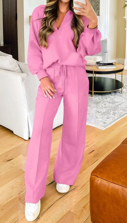 Polo Collar V Neck Pullover and Drawstring Sweatpants Set - Sleekdenim.com