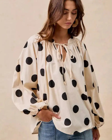 BiBi Polka Dot Exaggerated Balloon Sleeves Blouse - Sleekdenim.com