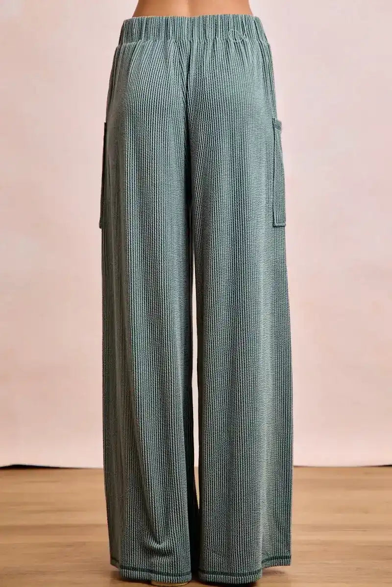BiBi Two Tone Cord Rib Contrast Stitching V-Neck Top and Pants Set - Sleekdenim.com