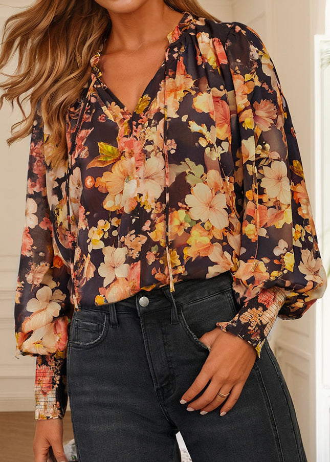 Black Floral V Neck Long Puff Sleeve Breezy Blouse - Sleekdenim.com