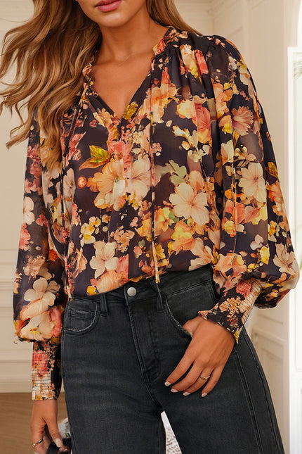 Black Floral V Neck Long Puff Sleeve Breezy Blouse - Sleekdenim.com