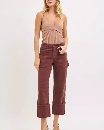 RISEN Full Size High Rise Wide Straight Cuffed Patch Jeans Plus Size - Sleekdenim.com