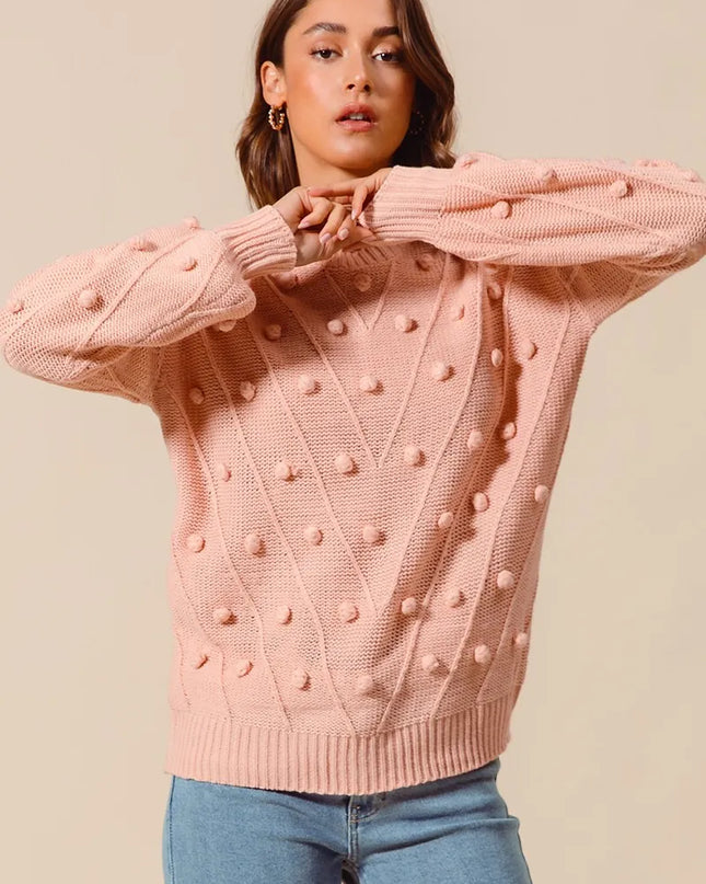 SO ME Pom Pom Textured Knit Sweater Top - Sleekdenim.com