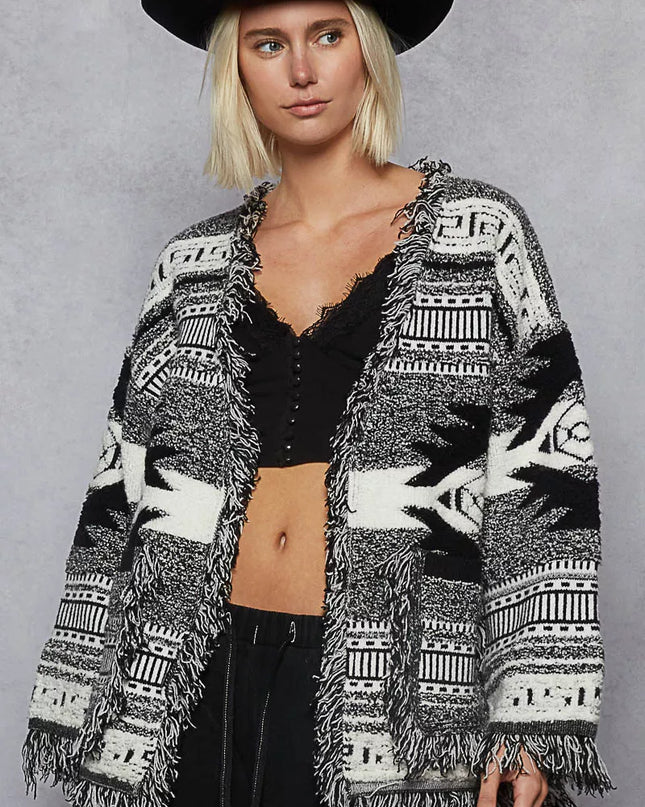 POL Open Front Geometric Print Cardigan with Fringe Detail - Sleekdenim.com