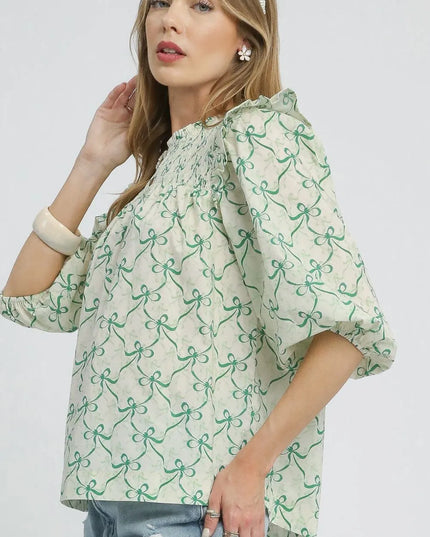 Umgee Ruffled Bow Print Notched Blouse - Sleekdenim.com