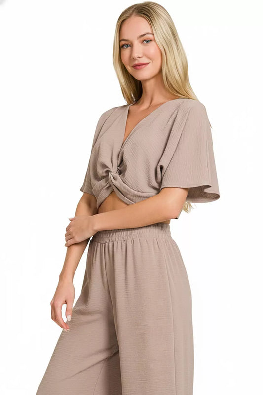Zenana Woven Airflow Twisted Top & Wide Leg Pants Set - Sleekdenim.com