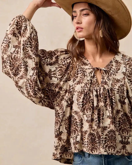 BiBi Printed Woven Front Tied Blouse with Baloon Sleeve - Sleekdenim.com