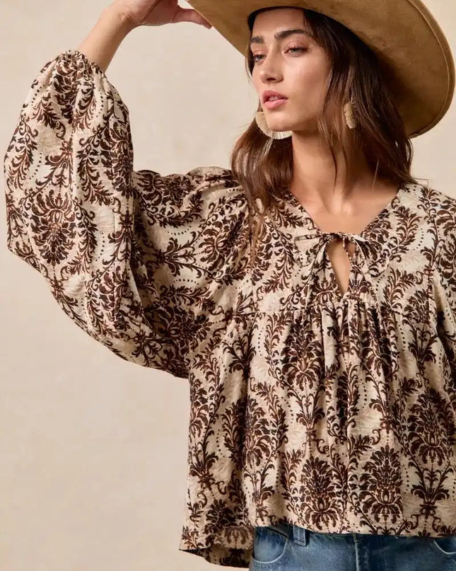 BiBi Printed Woven Front Tied Blouse with Baloon Sleeve - Sleekdenim.com