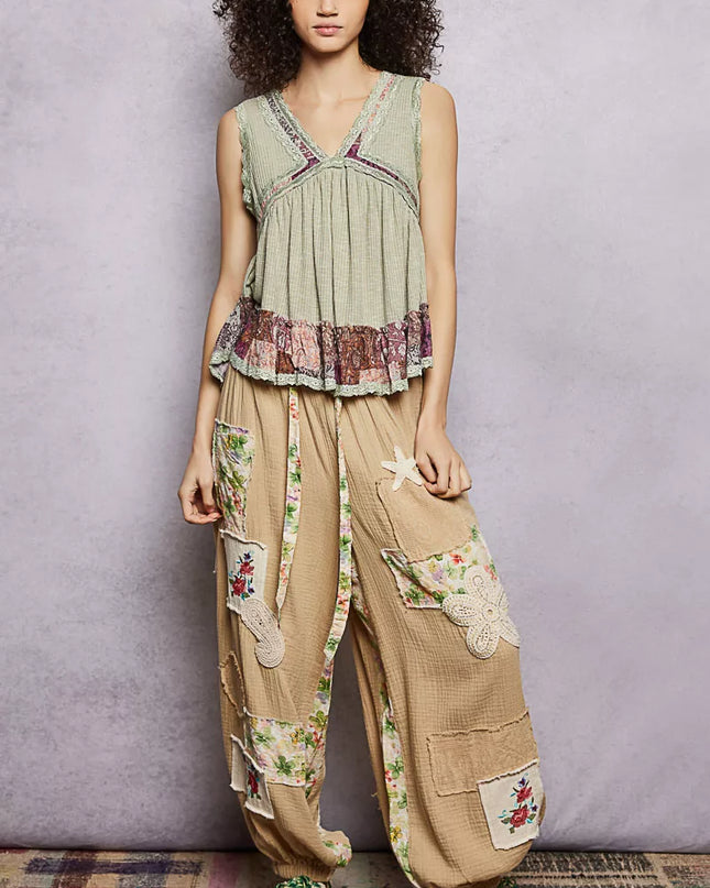 POL Lace Detail Ruffled Ribbed Sleeveless Top with Floral Pattern Trim Detail - Sleekdenim.com