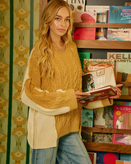 BiBi Cable Knit With Hacci Combo Sweater With Uneven Hem Detail - Sleekdenim.com