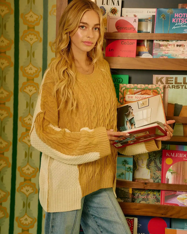 BiBi Cable Knit With Hacci Combo Sweater With Uneven Hem Detail - Sleekdenim.com